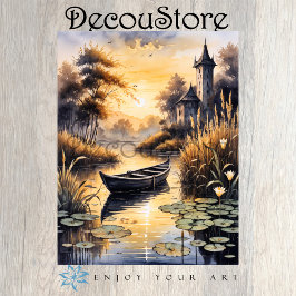 Boat on a Lake at Sunset Decoupage Seidenpapier
