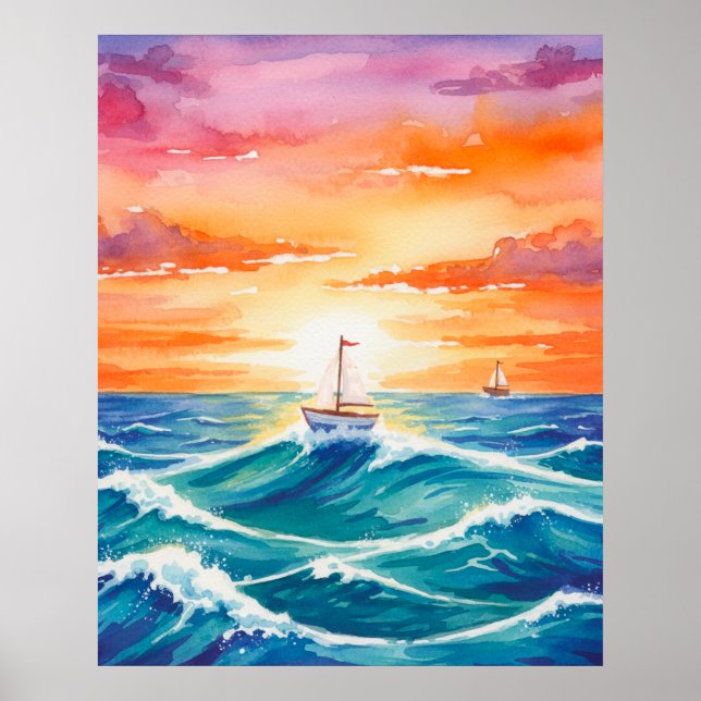 Boat Sunset Ocean Colorful Watercolor Bruno Mars Poster (Vorne)