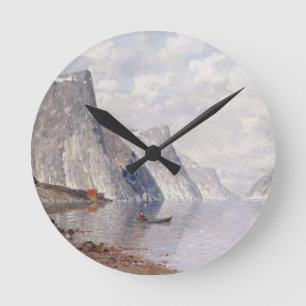 Boating on a Norwegian Fjord (oil on canvas) Runde Wanduhr