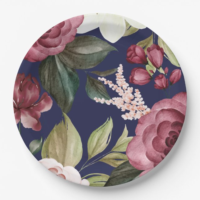Boavy Burgundy Floral Paper Plate Pappteller (Vorderseite)
