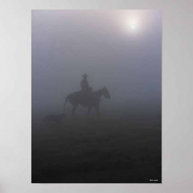 Bob Langrish | Cowboy-Rennen in Nebel mit Hund Poster (Vorne)