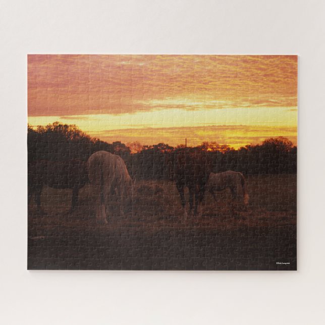 Bob Langrish | Vier Pferde grasen bei Sonnenunterg Puzzle (Horizontal)