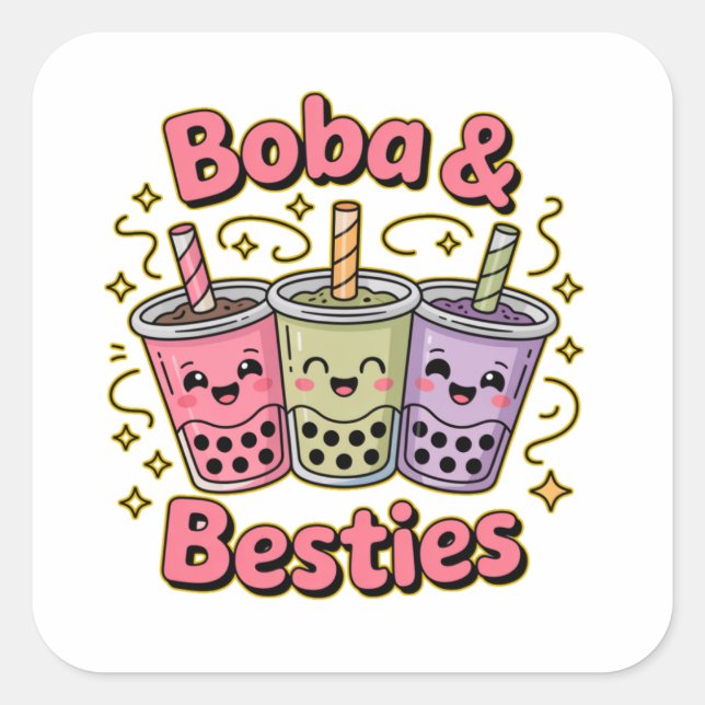 BOBA & Besties Vibes - Perfekt für Boba Tea Liebha Quadratischer Aufkleber (Vorderseite)