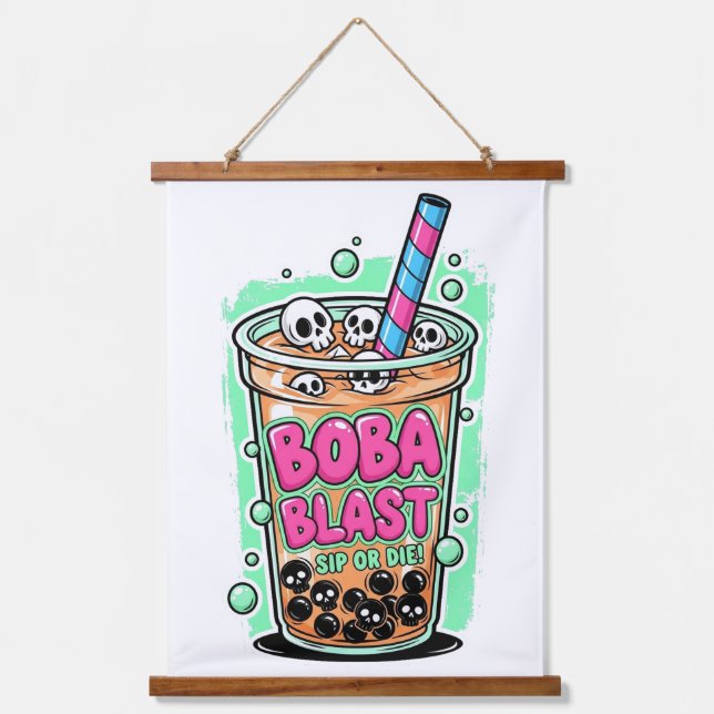Boba Blast – Sip or Die!  Wandteppich Mit Holzrahmen (Vorderseite)