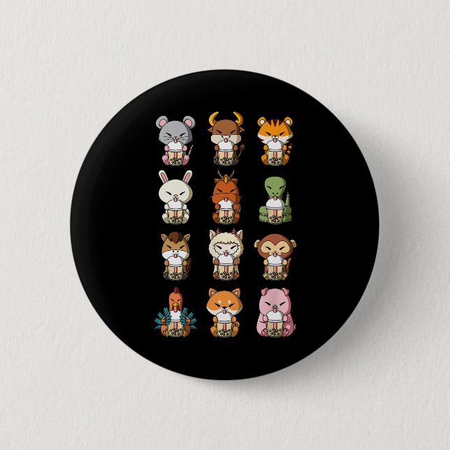 Boba Bubble Milk Tea Chinese Zodiacs Animal Lunar  Button (Vorderseite)