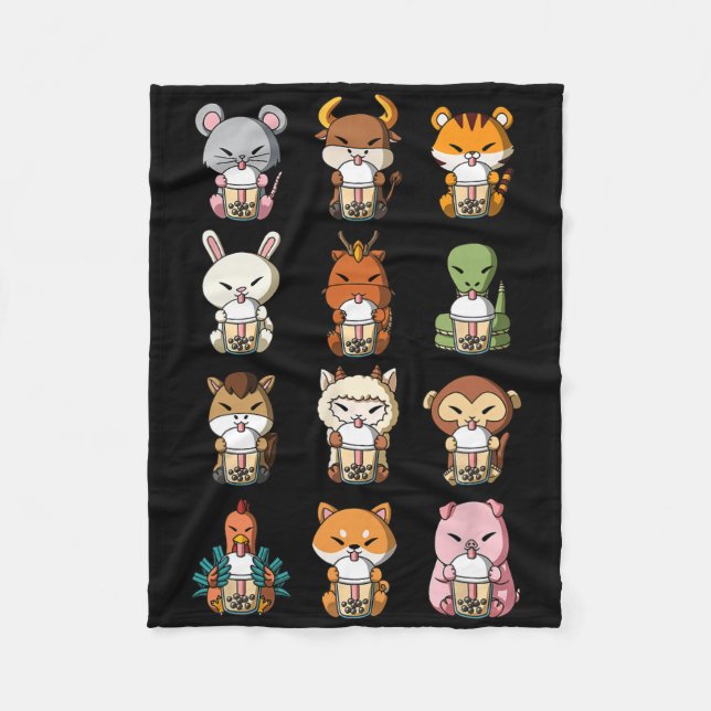 Boba Bubble Milk Tea Chinese Zodiacs Animal Lunar  Fleecedecke (Vorderseite)