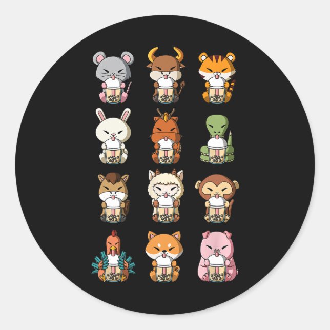 Boba Bubble Milk Tea Chinese Zodiacs Animal Lunar  Runder Aufkleber (Vorderseite)