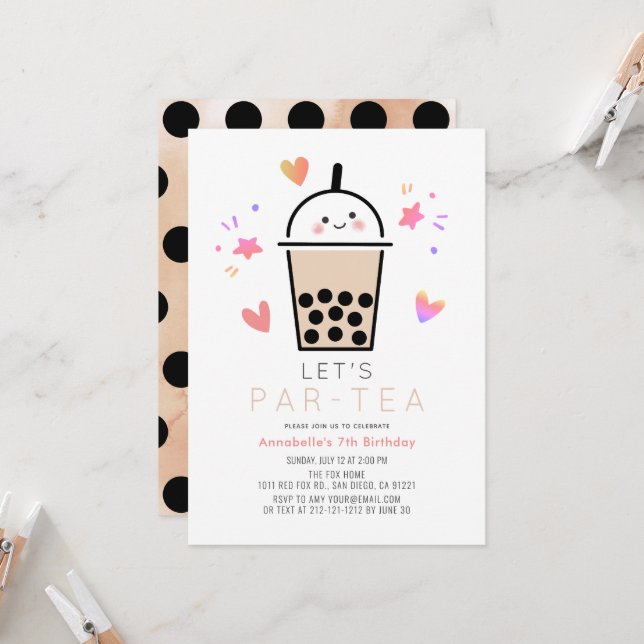 Boba Bubble Tea Party Par-tea Kindergeburtstag Einladung (Vorderseite/Rückseite Beispiel)