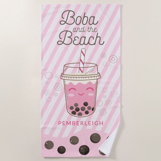 Boba Bubble Tee Rosa Streifen Strandtuch (Vorderseite)