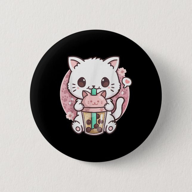 Boba Cat Boba Tea Bubble Tea Kawaii Anime Cat Kawa Button (Vorderseite)