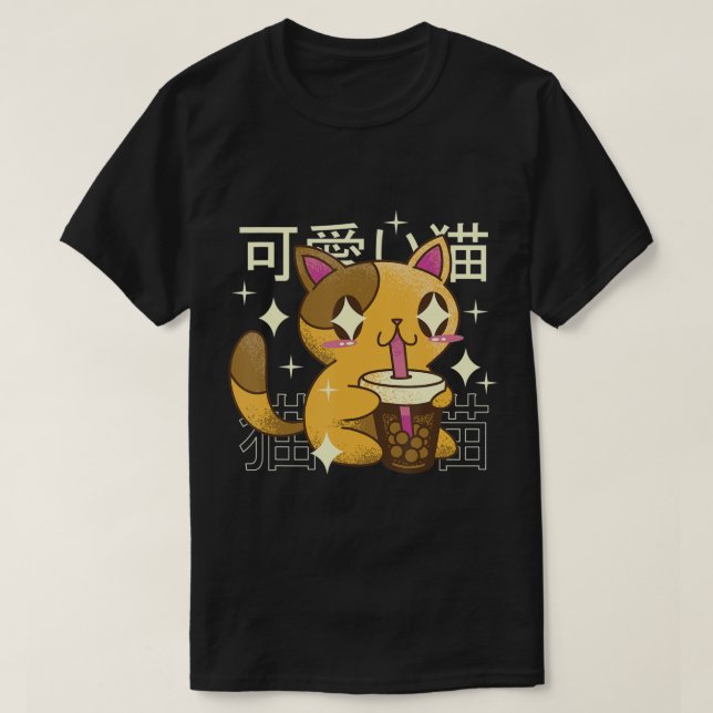 Boba Cat Kawaii Anime japanische Lebensmittelmädch T-Shirt (Design vorne)