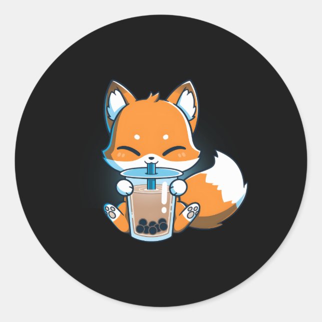 Boba Fox Drinking Kawaii Japanese Foxy Anime Runder Aufkleber (Vorderseite)