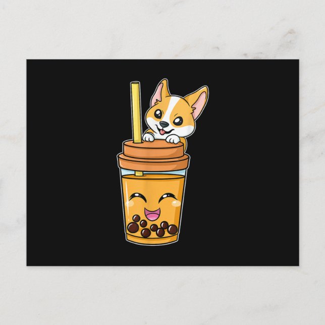 Boba Tapioca Pearls Bubble Milk Tee Drink Corgi Ankündigungspostkarte (Vorderseite)