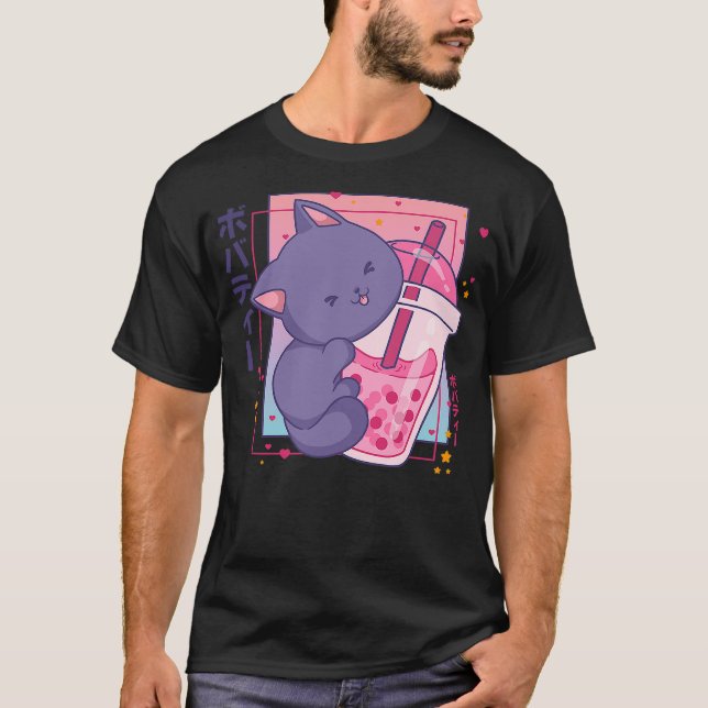Boba Tea Cat Bubble Tea Chibi Drawing T-Shirt (Vorderseite)