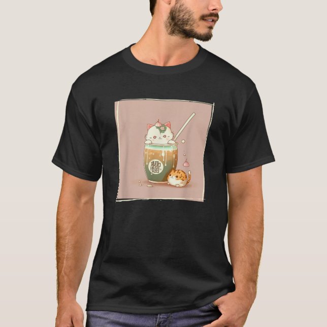 Boba Tea Cat Kawaii Anime Japanese Kawaii Neko Gra T-Shirt (Vorderseite)