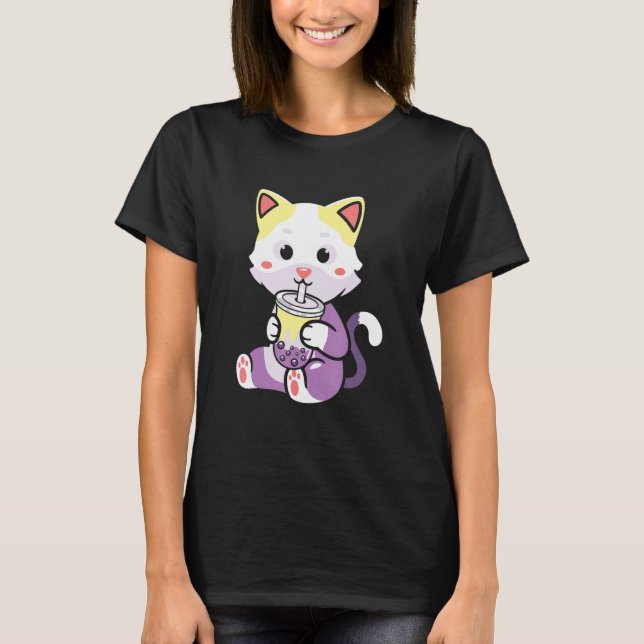 Boba Tea Neko Cat LGBTQ Non-Binary Prix T-Shirt (Vorderseite)