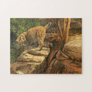 Bobcat Jagen unter den Felsen, Acrylmalerei Puzzle