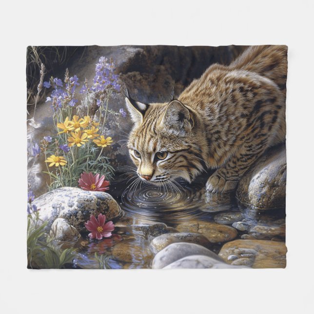 Bobcat mit Wildblumen Landschaftlich Art Fleecedecke (Vorderseite (Horizontal))