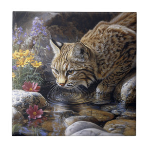 Bobcat mit Wildblumen Landschaftlich Art Fliese