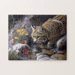 Bobcat mit Wildblumen Landschaftlich Art Puzzle
