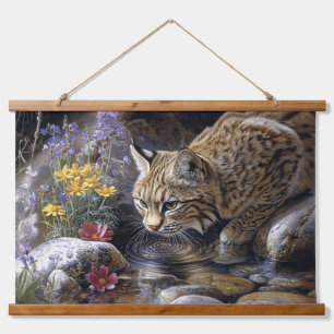 Bobcat mit Wildblumen Landschaftlich Art Wandteppich Mit Holzrahmen