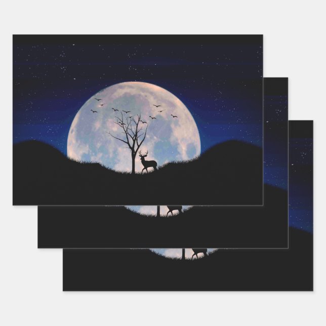 Bock mit großem Geweih gegen Vollmond Geschenkpapier Set (Set)