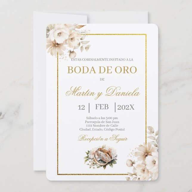 Boda de oro con flor blanca einladung (Vorderseite)