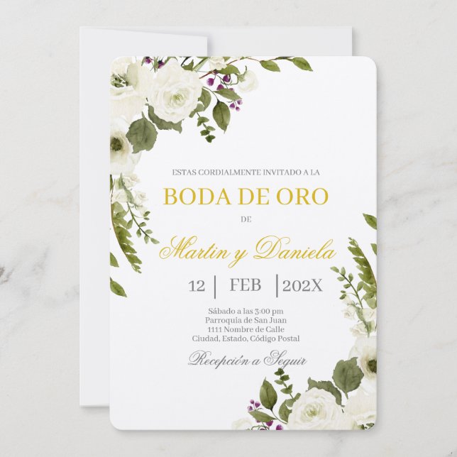 Boda de Oro con Ramo de flor blanca Einladung (Vorderseite)