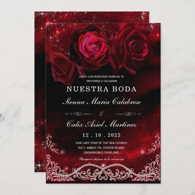 Boda en Negro, Rojo y Blanco Einladung (Vorne/Hinten)