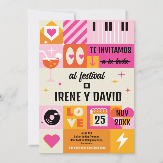 Boda Festivalera Naranja y Rosa (Spanish language) Einladung (Vorderseite)