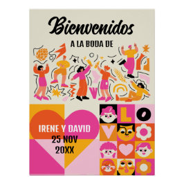 Boda Festivalera Retro Naranja Rosa Bienvenida Poster