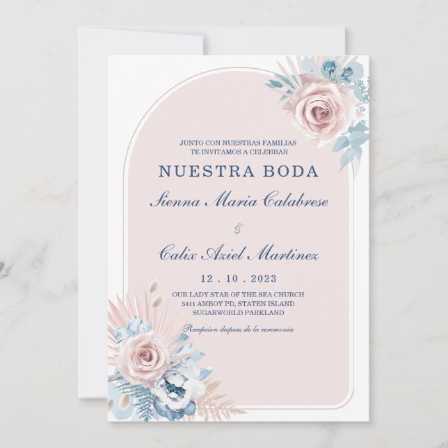 Bodas en azul empolvado y rosa rubor einladung (Vorderseite)