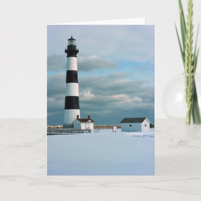 Bodie Lighthouse mit Schnee, Außenbänke, NC Karte (Vorderseite)