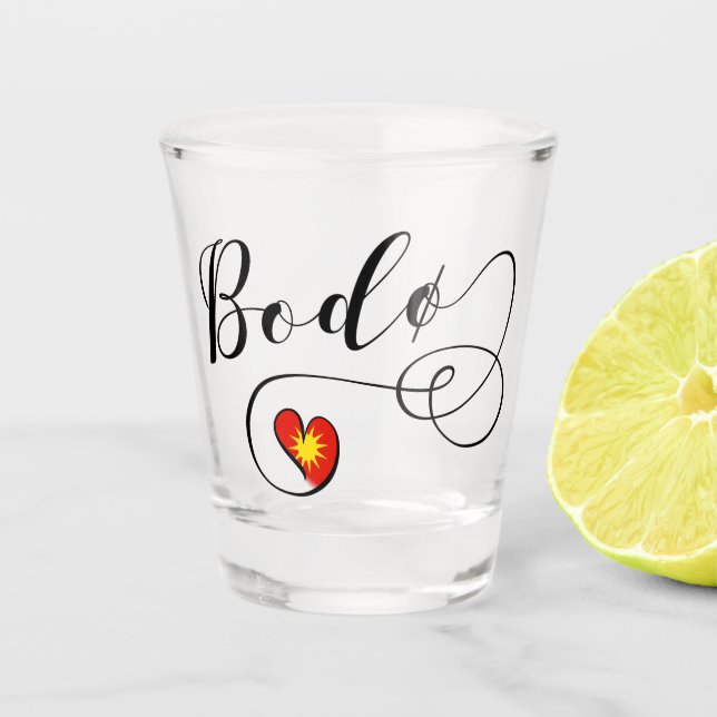 Bodø Flaggenherz, Norwegen, Bodö Schnapsglas (Vorderseite)