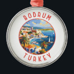 Bodrum Turkey Retro Distressed Circle Ornament Aus Metall<br><div class="desc">Bodrum Retrovektor Vektor Reise Design. Bodrum ist eine Stadt auf der Halbinsel Bodrum,  die sich von der Südwestküste der Türkei bis ins Ägäische Meer erstreckt. Die Stadt verfügt über zwei Buchten mit Blick auf das Schloss Bodrum.</div>