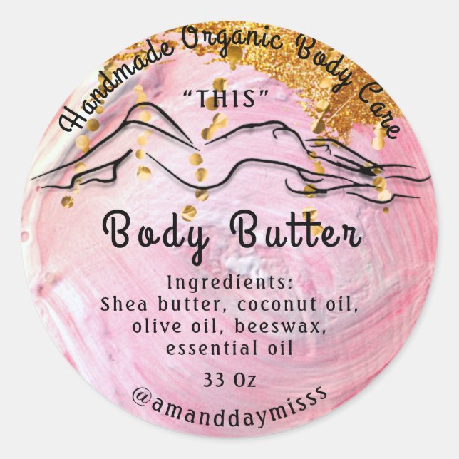 Body Butter Balm Care Verpackung Gold Pink Logo Runder Aufkleber (Vorderseite)