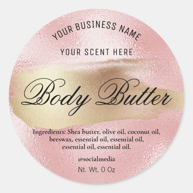 Body Butter Etiketten rosa mit Goldfarben Runder Aufkleber (Vorderseite)