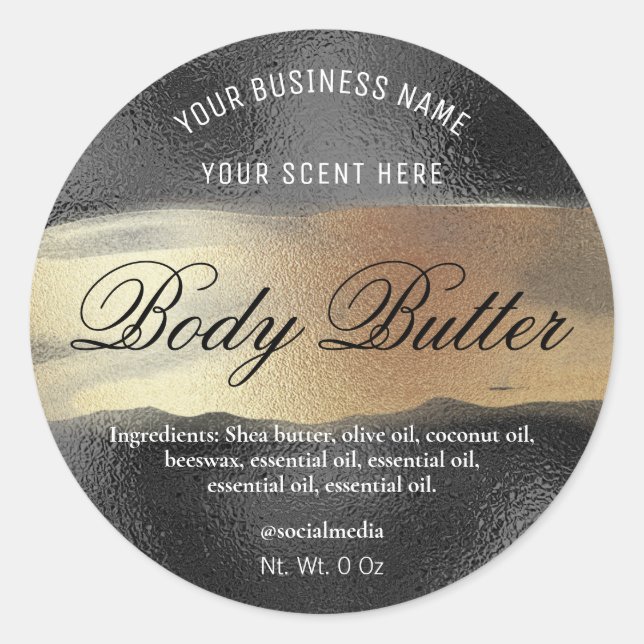 Body Butter Etiketten schwarz mit Gold Tinte Runder Aufkleber (Vorderseite)