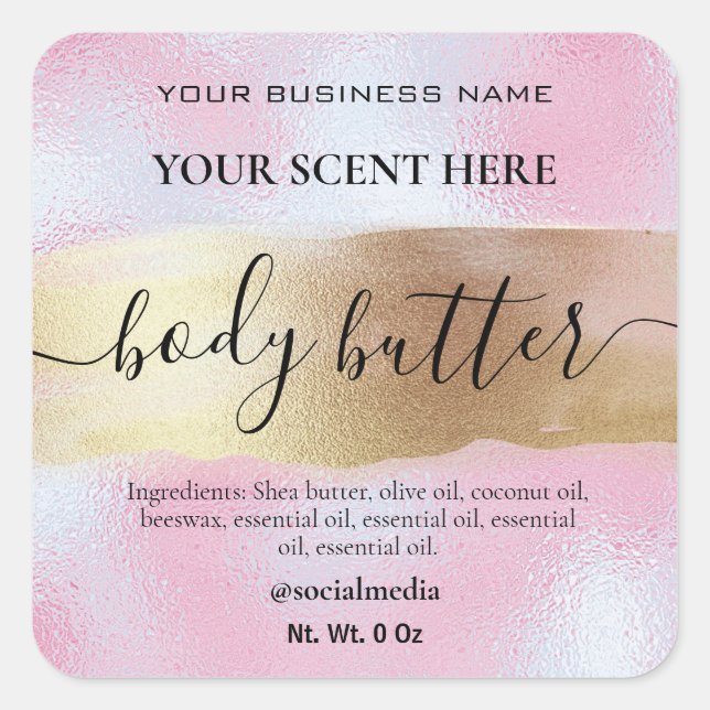 Body Butter Labels in Gold und Holografisch rosa Quadratischer Aufkleber (Vorderseite)
