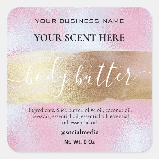 Body Butter Labels in Gold und Holografisch rosa Quadratischer Aufkleber (Vorderseite)