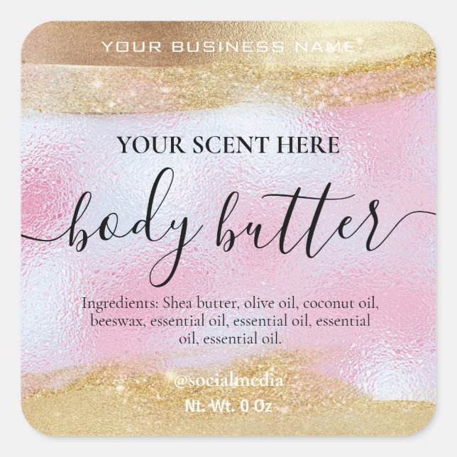 Body Butter Labels in Gold und Holografisch rosa Quadratischer Aufkleber (Vorderseite)