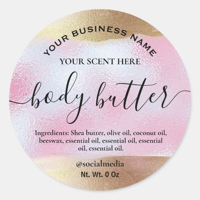 Body Butter Labels in Gold und Holografisch rosa Runder Aufkleber (Vorderseite)