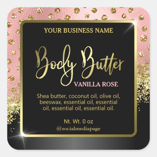 Body Butter Labels mit rosa goldenen Konfetti-Punk Quadratischer Aufkleber (Vorderseite)