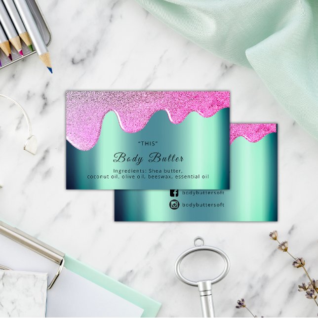 Body Butter Tropfen Produkt Verpackung Pink Social Visitenkarte (Body Butter Drips Product Packaging Pink Social Business Card)