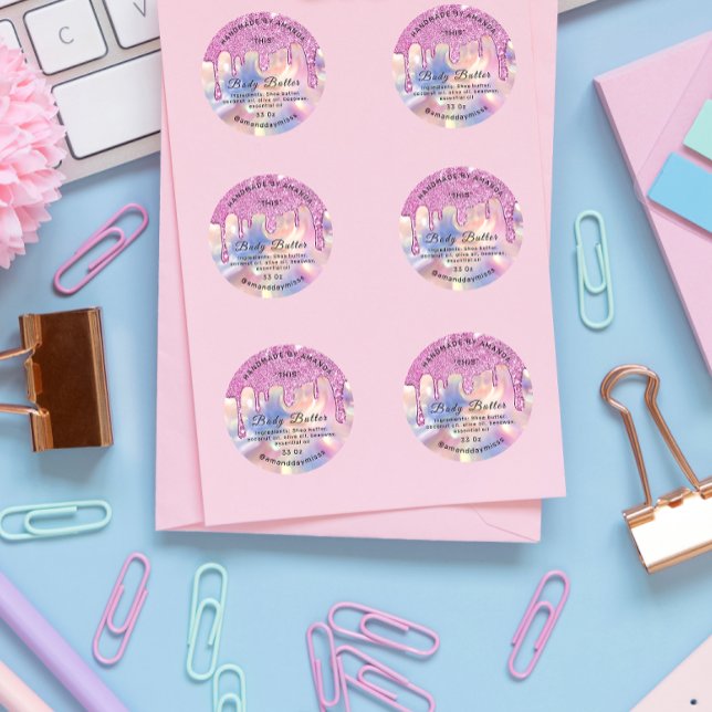 Body Butter Verpackung Rosa Tropfen Holografisch Runder Aufkleber (Body Butter Packaging Pink Drips Holographic Classic Round Sticker)
