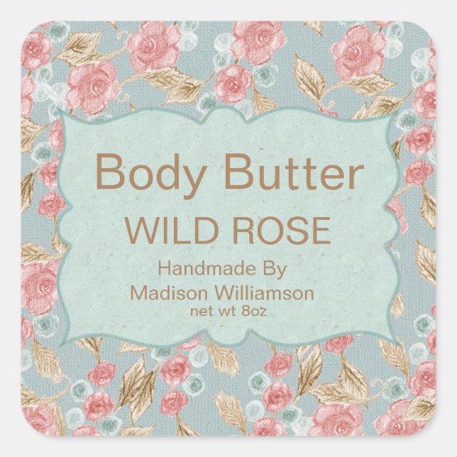 Body Butter | Vintage florale Personalisiert Quadratischer Aufkleber (Vorderseite)