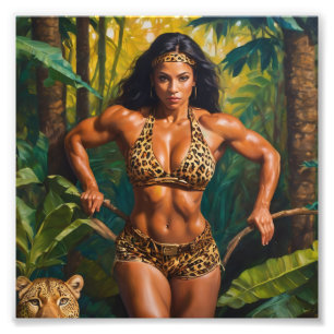 Bodybuilder in Leopard Outfit umgeben von Dschunge Fotodruck