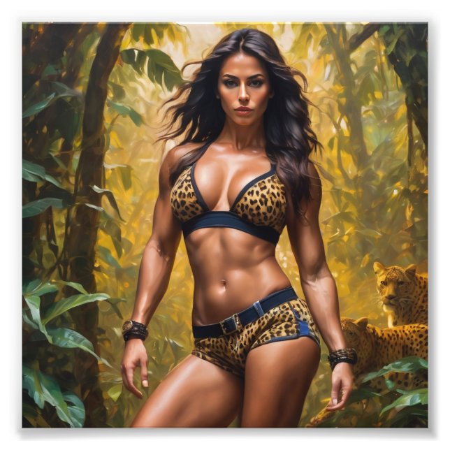 Bodybuilder in Leopard Skin Outfit in Rainforest Fotodruck (Vorne)