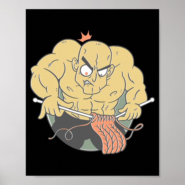 Bodybuilder Man Knitting Bodybuilding Cartoon Poster (Vorne)