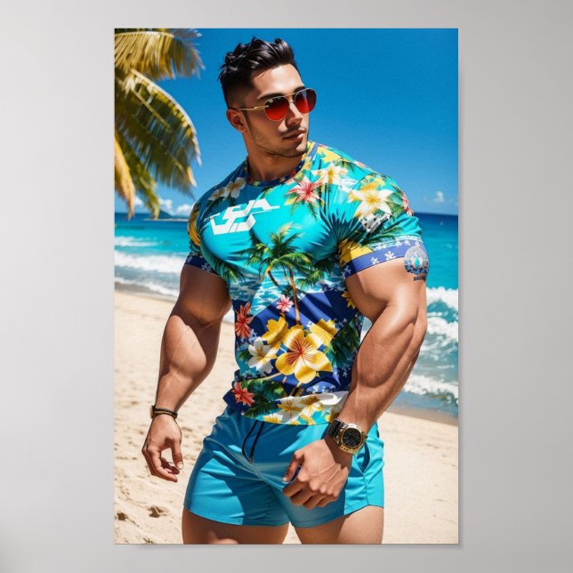 Bodybuilder-Modell am Hawaii Beach Poster (Vorne)